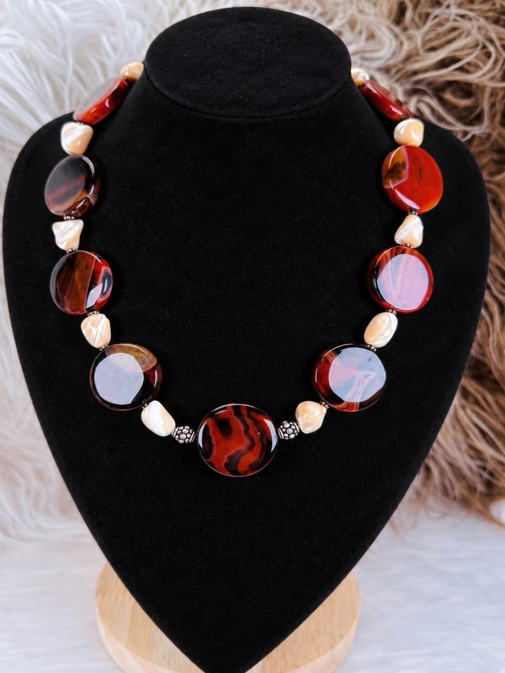 Donna Dressler 925 Carnelian Agate Mother of Pearl Statement Necklace